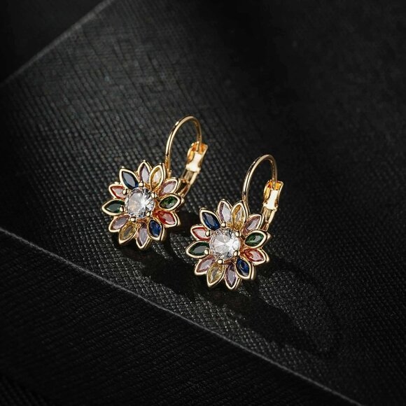 14K Gold Plated Crystal Flower Drop Leverback Earrings for Women Fashion - Picture 3 of 7